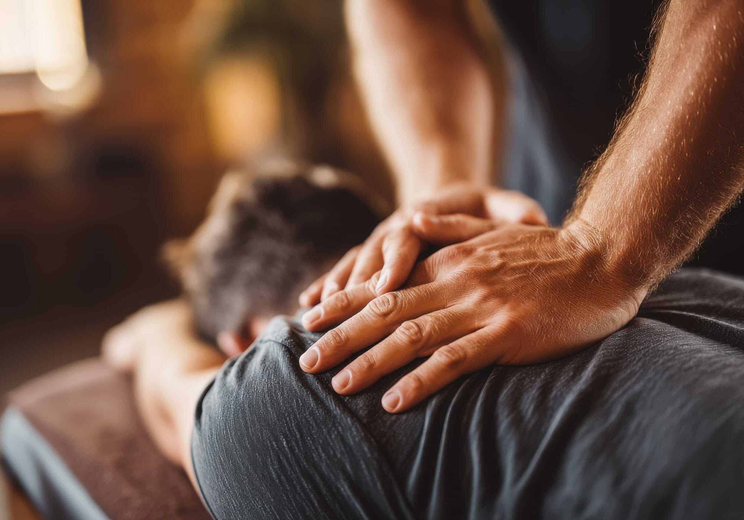 A chiropractor is adjusting a male patient's spine, using hands for manipulation to relieve pain and improve alignment in a wellness setting for health and comfort.