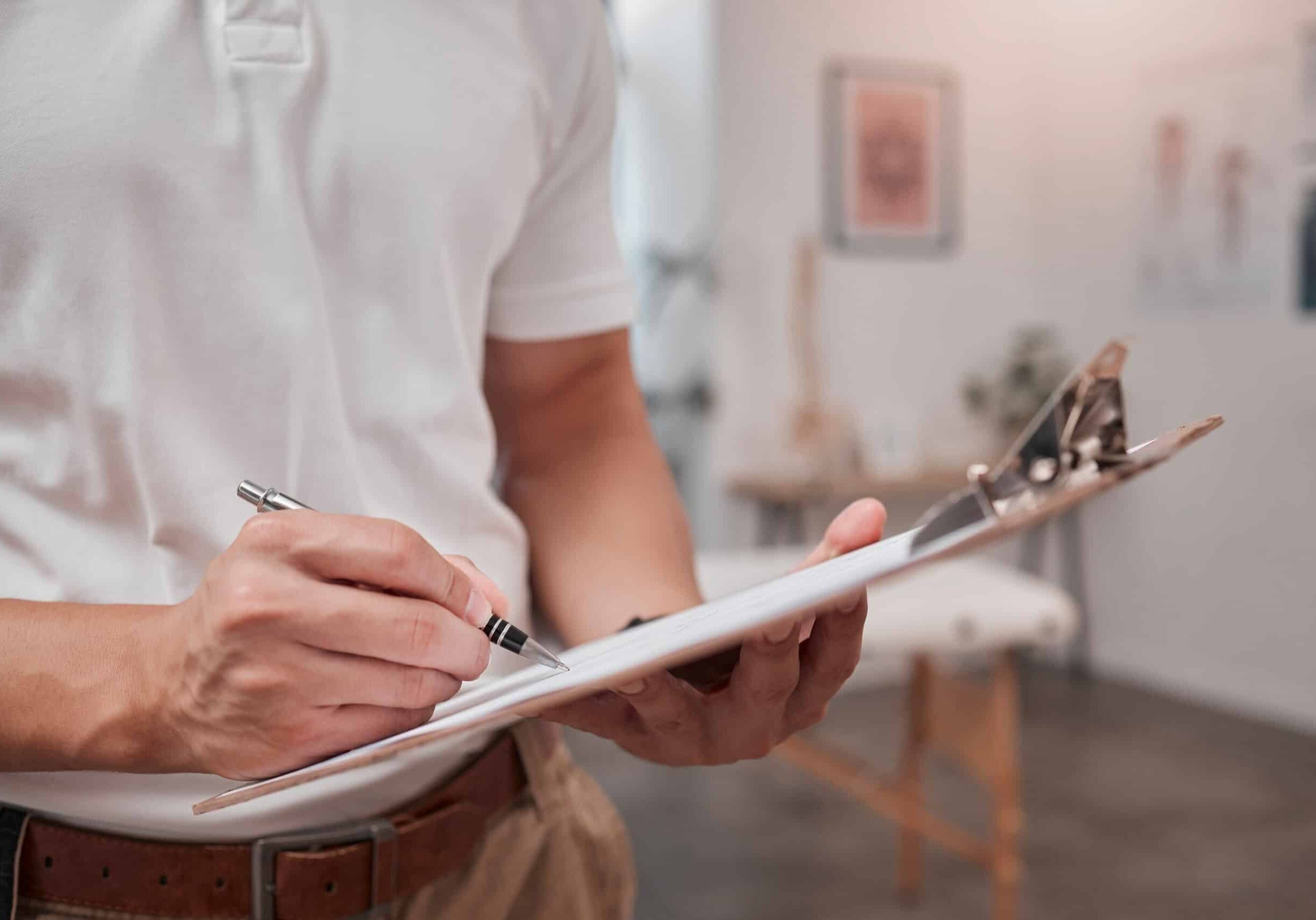 Physical therapy chiropractor and clipboard writing data of spa massage consultant or insurance note. Physiotherapy hands, healthcare consulting note and physio checklist schedule in a health clinic.